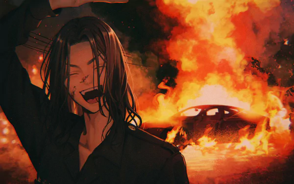 HD anime wallpaper featuring Keisuke Baji from Tokyo Revengers, in front of a burning car with intense flames, capturing a dark and dramatic scene.