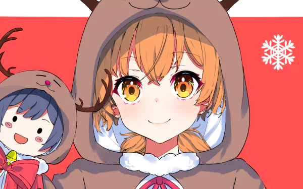 HD PC desktop anime wallpaper of Touko Nanami and Yuu Koito from Bloom Into You — Touko in a reindeer hoodie smiling, holding a chibi Yuu on a red background with a white snowflake.