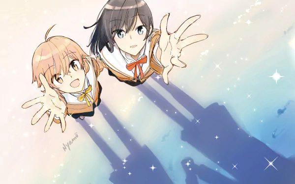 HD anime desktop wallpaper featuring Touko Nanami and Yuu Koito from Bloom into You reaching upward with soft shadows and a starry background.