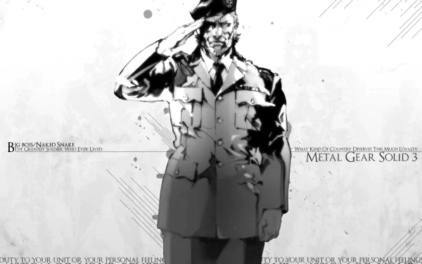A stylized HD wallpaper from Metal Gear Solid 3: Snake Eater featuring a character in military attire saluting, blending action and artistry in a dramatic background.