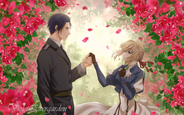 Violet Evergarden and Gilbert Bougainvillea share a tender moment surrounded by vibrant pink flowers in this 4K Ultra HD anime wallpaper.