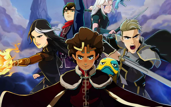 HD PC desktop wallpaper of the TV show The Dragon Prince: five heroes—young prince center, swordfighter, elven mage, fire wielder and a blue creature—stand ready against stormy mountain skies.