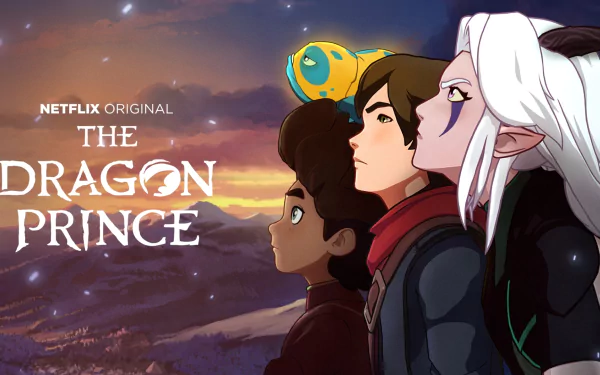 HD PC desktop wallpaper of the TV show The Dragon Prince: three protagonists and a small glowing dragon gaze toward a radiant sunset sky above distant mountains.