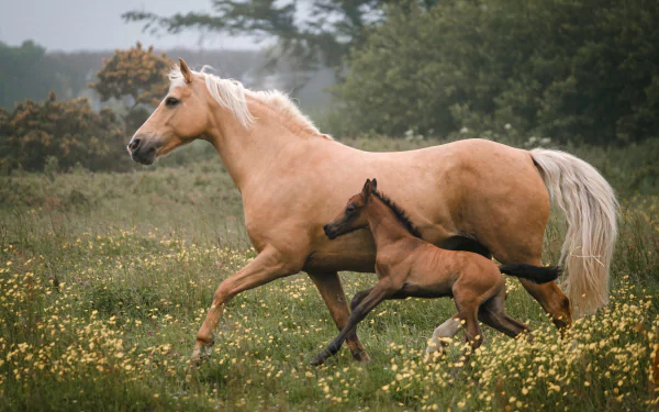 A baby foal and adult horse running together through a grassy meadow filled with yellow flowers, captured in a 4K Ultra HD PC desktop wallpaper.
