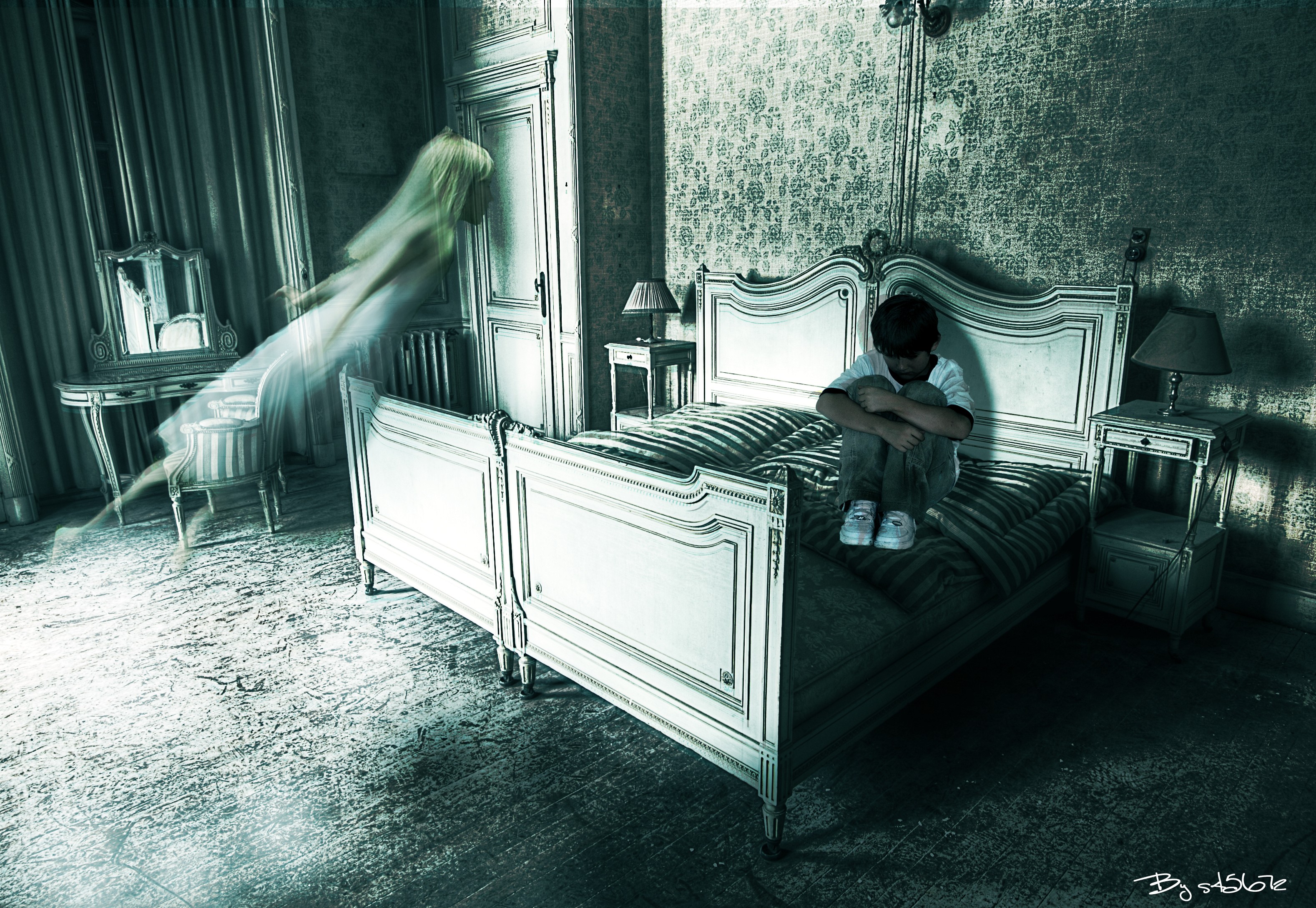 A hauntingly beautiful, dark image featuring a spectral presence.
