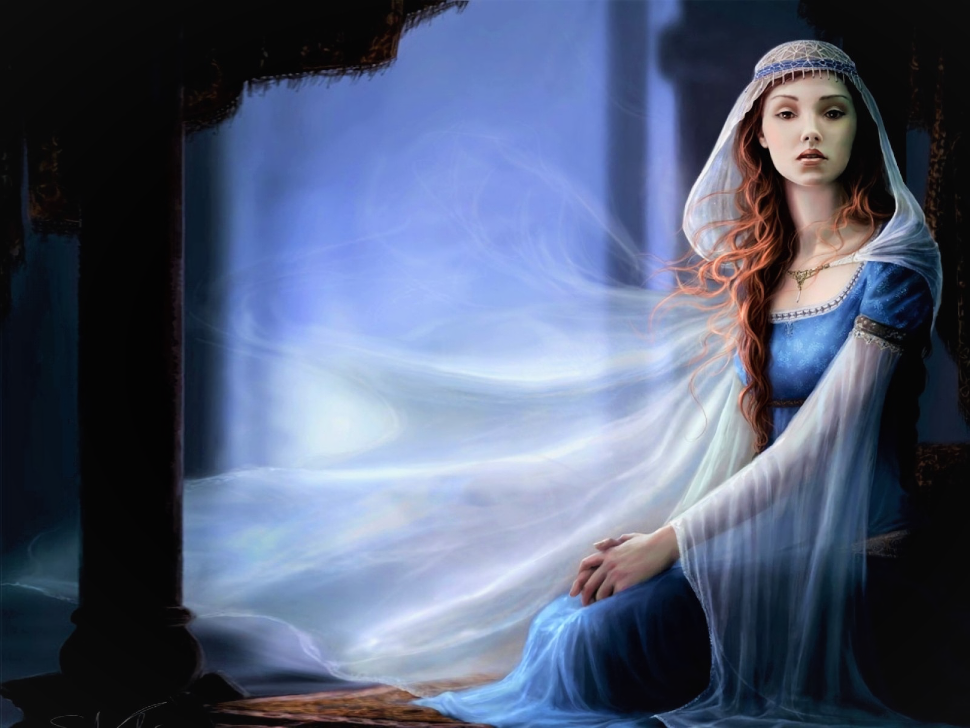 Fantasy desktop wallpaper featuring a veiled woman by Sonia Verdu.