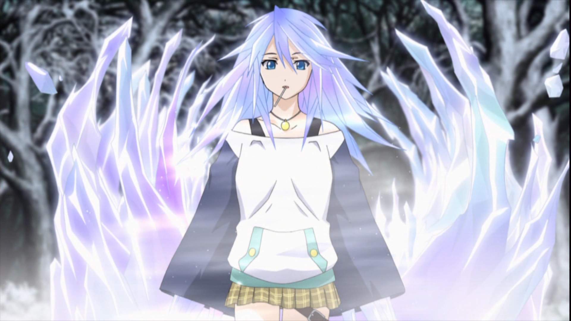 Mizore Shirayuki from Rosario + Vampire, a character with striking blue hair, adorned in an anime-style outfit.