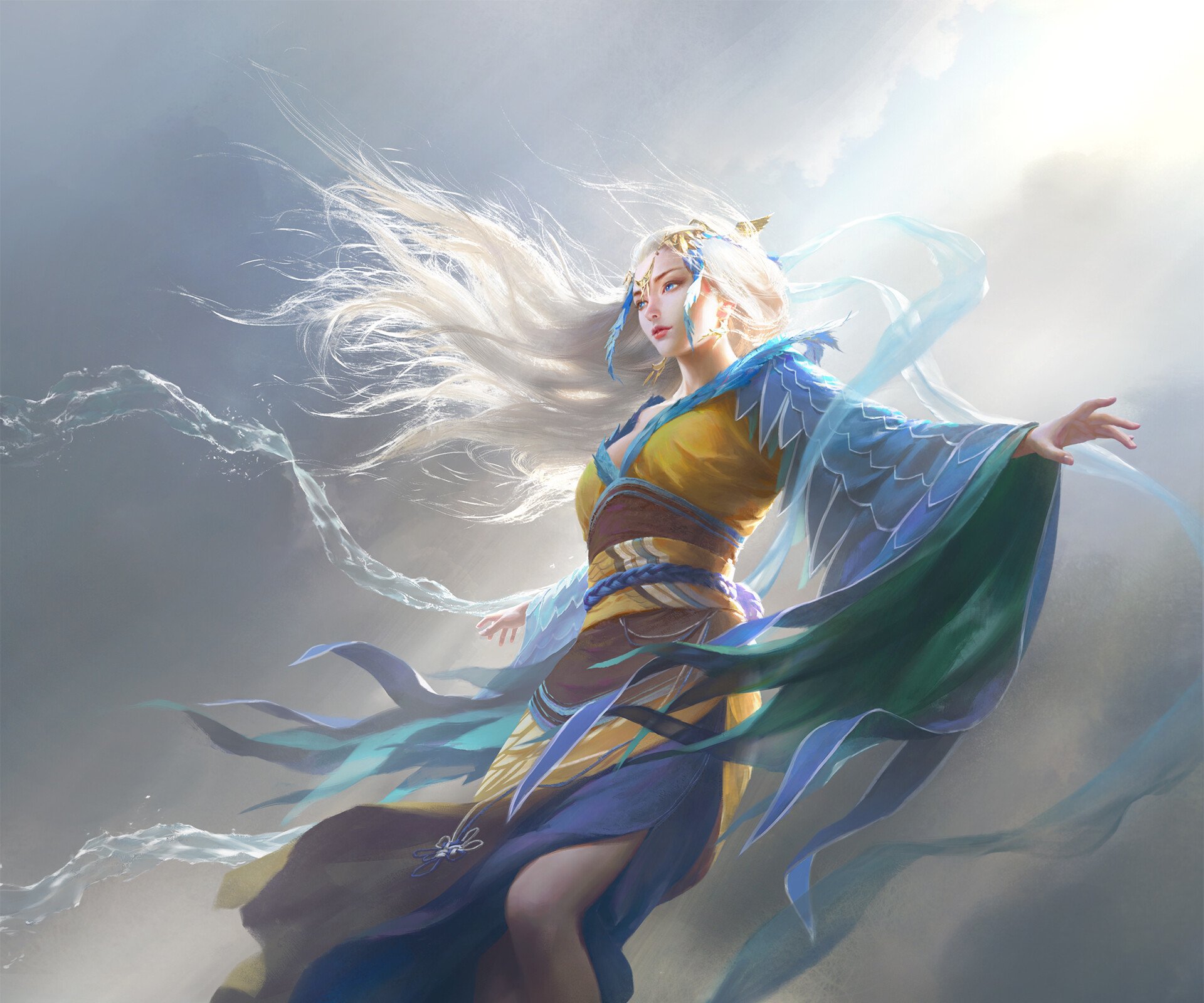 Man-made HD PC desktop wallpaper of Mu Yanling from Magic: The Gathering — a robed, wind-swept sorceress with flowing white hair and shimmering water magic.