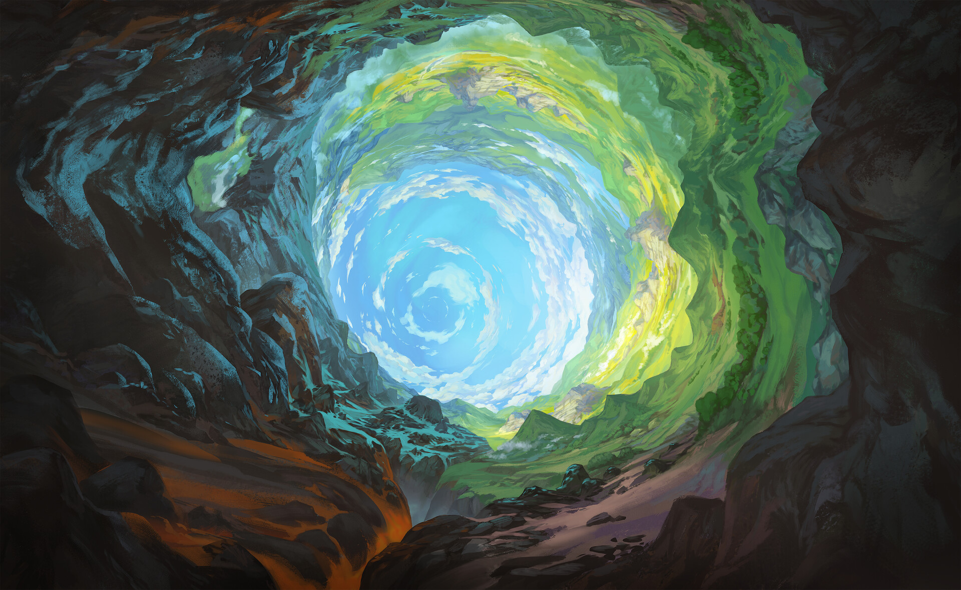 HD desktop wallpaper depicting a captivating sci-fi landscape with a colorful, swirling portal in a rocky cavern.