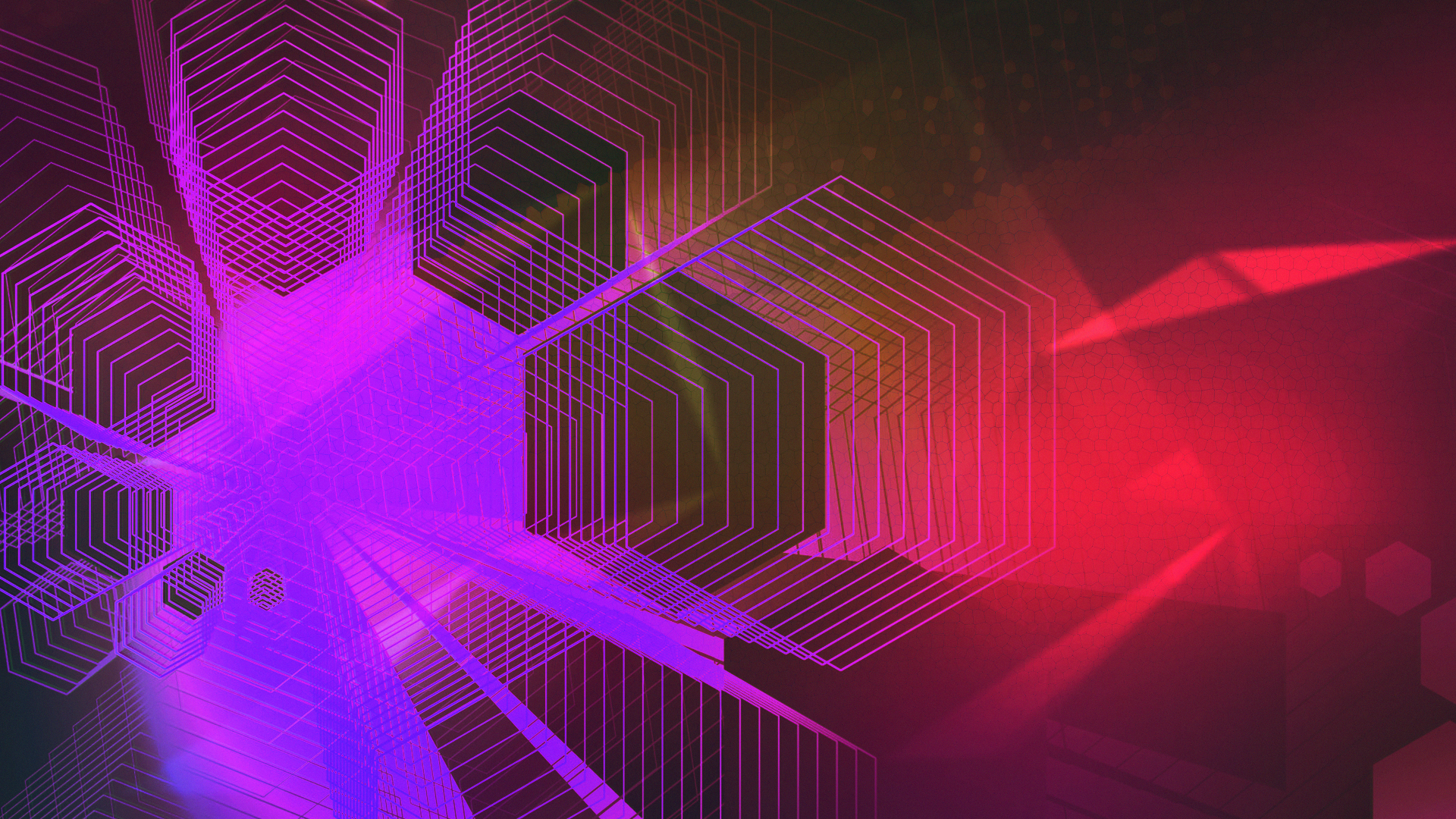 An abstract HD desktop wallpaper featuring vibrant purple and red hues with geometric shapes creating a mesmerizing background.