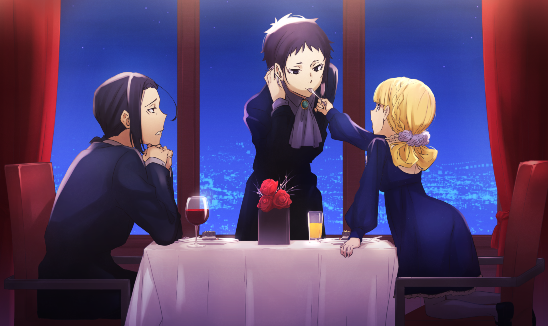 HD anime desktop wallpaper featuring Ōgai Mori, Elise, and Ryūnosuke Akutagawa from Bungo Stray Dogs, seated at a candlelit table with a nighttime cityscape background.
