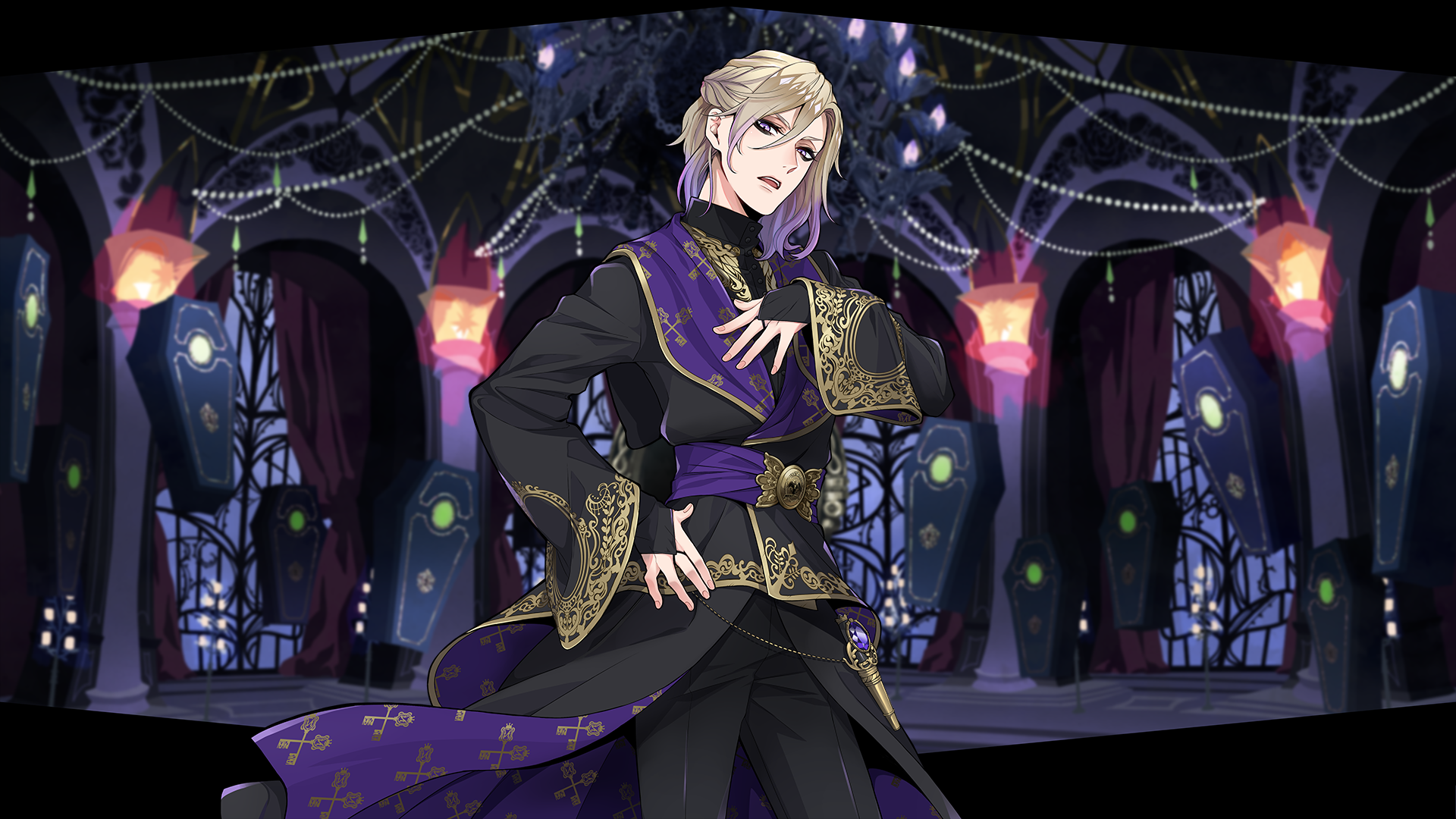 Vil Schoenheit from the video game Twisted Wonderland in ornate purple-and-gold attire, posing in a gothic ballroom — HD PC desktop wallpaper.