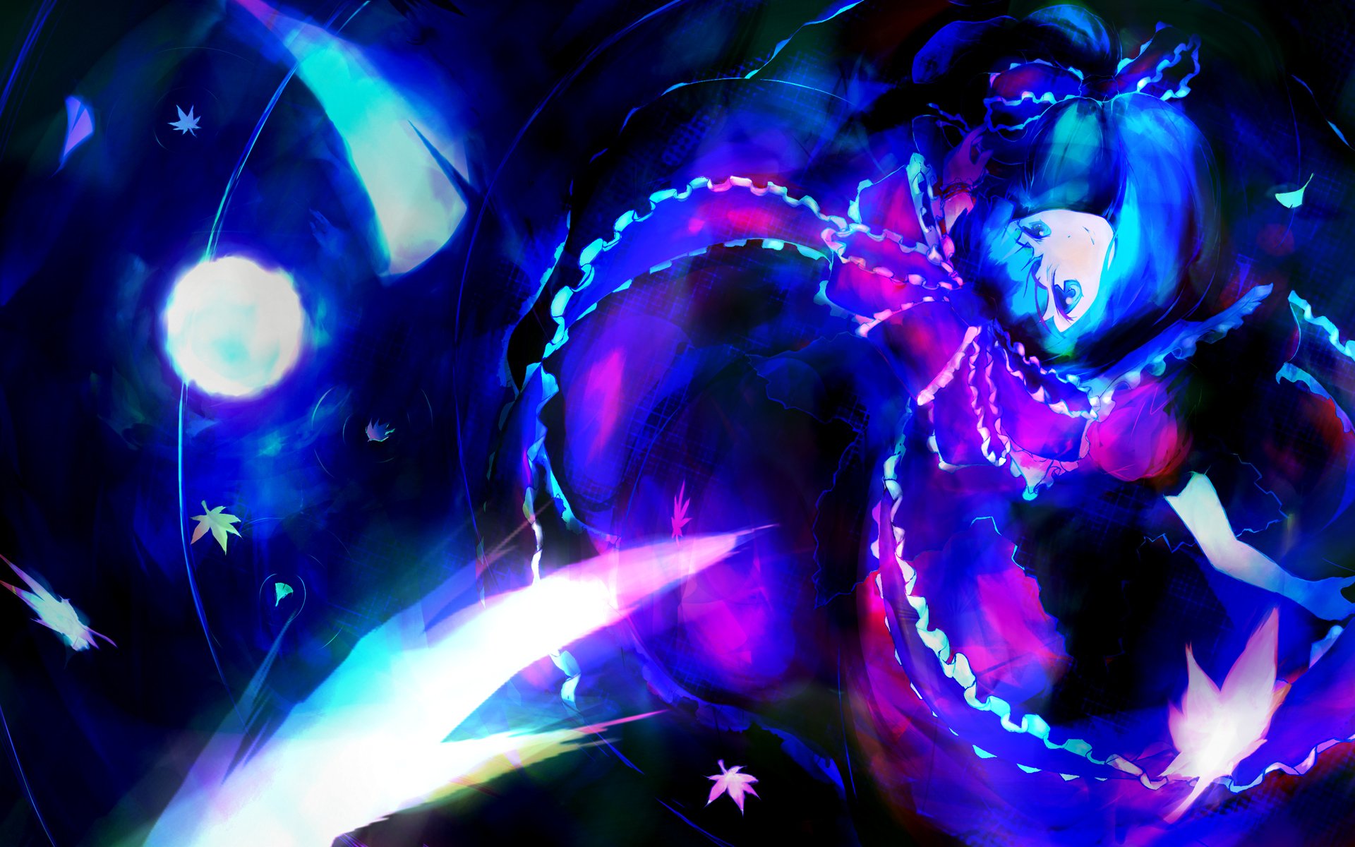 HD anime desktop wallpaper featuring Hina Kagiyama from Touhou, depicted in vibrant blues and purples with autumn leaves and a glowing full moon.