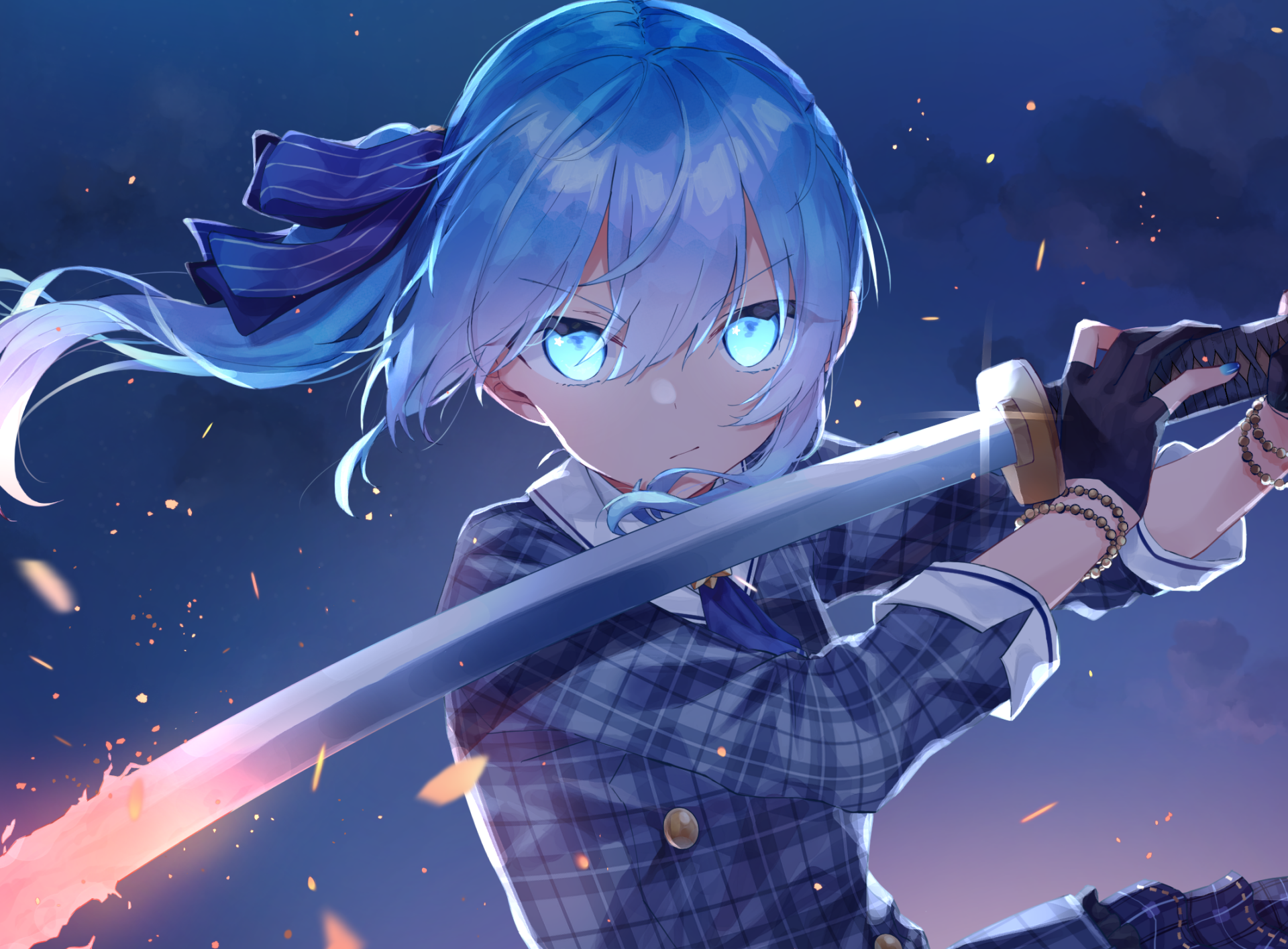 HD PC desktop wallpaper featuring Hoshimachi Suisei from hololive as an anime-style virtual YouTuber wielding a glowing sword against a dark, fiery background.