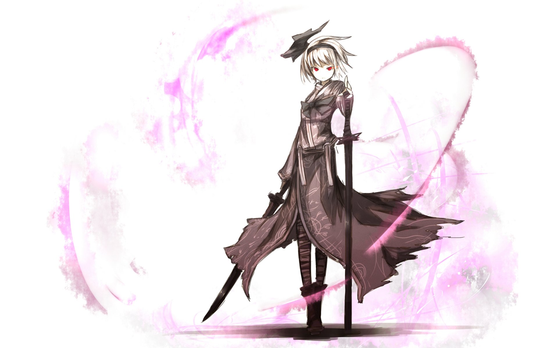 HD anime desktop wallpaper featuring Youmu Konpaku from Touhou, depicted in a dynamic pose with her swords and surrounded by ethereal pink energy.