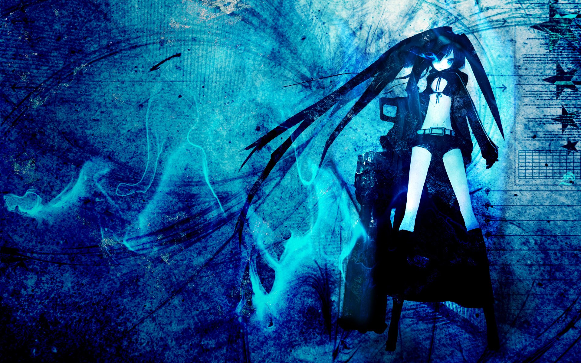 HD desktop wallpaper featuring Black Rock Shooter standing with a large cannon weapon against a dynamic blue and black abstract background.