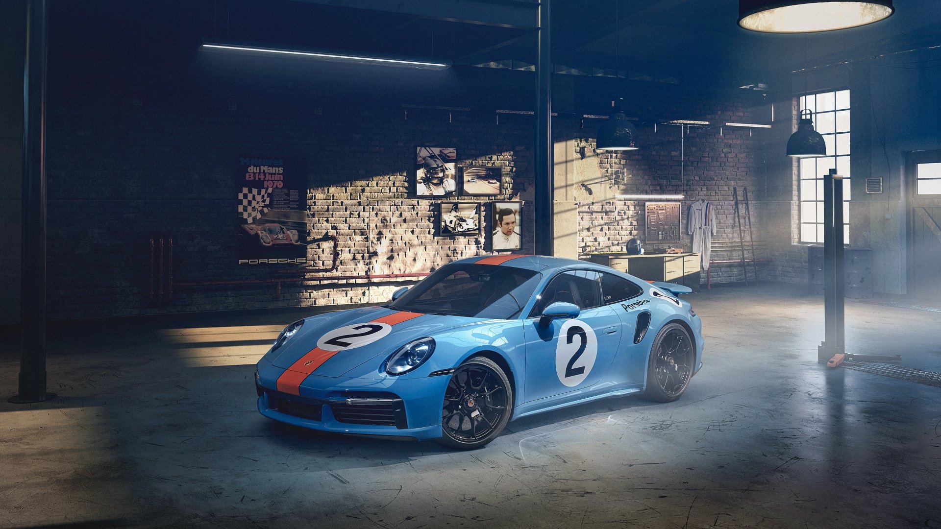 Porsche 911 Turbo S in Gulf blue with racing number 2 parked in a moody garage — Porsche 911 Turbo vehicle, 4K Ultra HD PC desktop wallpaper/background.