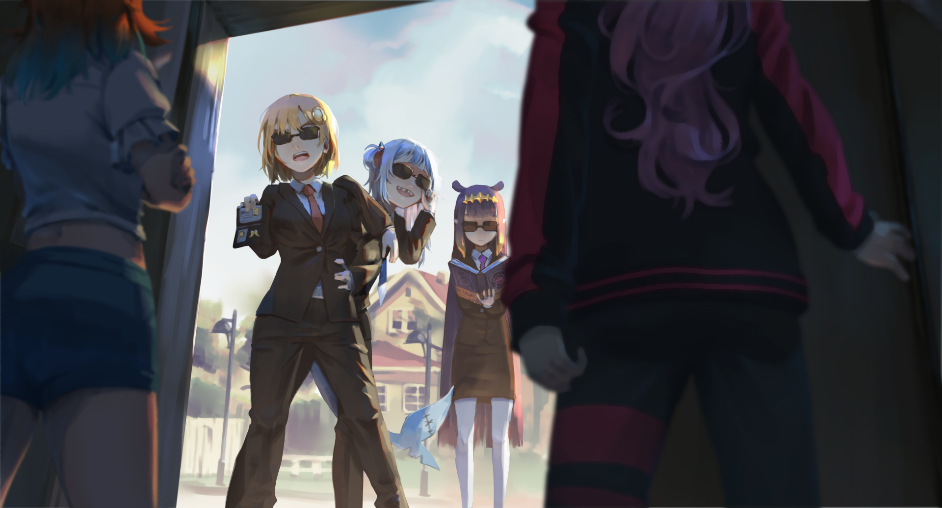 4K Ultra HD anime-style wallpaper featuring hololive virtual YouTubers Watson Amelia, Takanashi Kiara, Ninomae Ina'nis, Mori Calliope, and Gawr Gura in a dynamic outdoor scene.