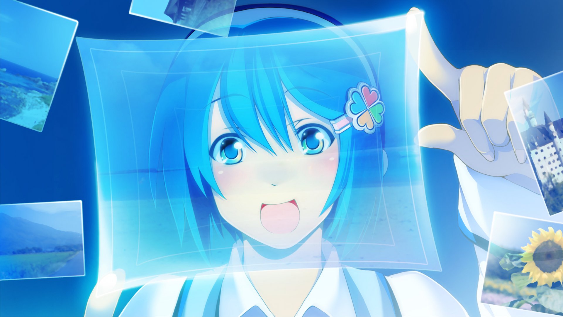 Anime Os-tan character with blue hair and playful expression holding a translucent screen; HD PC desktop wallpaper/background style with vibrant blue tones.