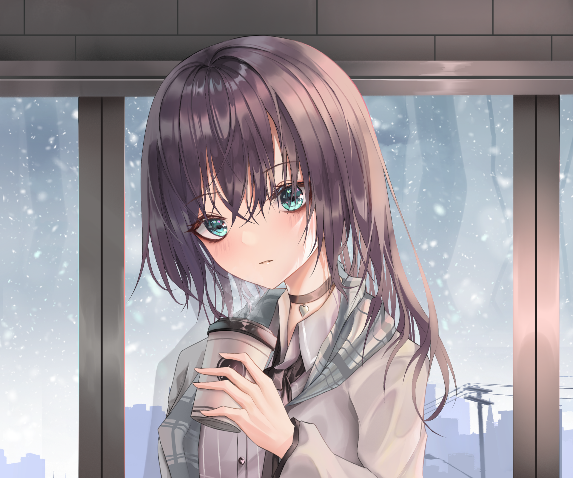 HD anime desktop wallpaper of hololive virtual YouTuber Natsuiro Matsuri: teal-eyed girl holding a microphone by a snowy window, soft lighting, detailed hair and expression.