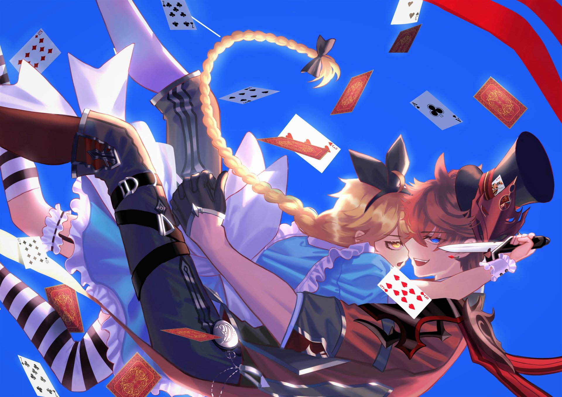 2K Quad HD wallpaper of video game Genshin Impact characters Tartaglia (Childe) and Aether in Alice in Wonderland–style outfits, tumbling among flying playing cards against a vivid blue-red backdrop.