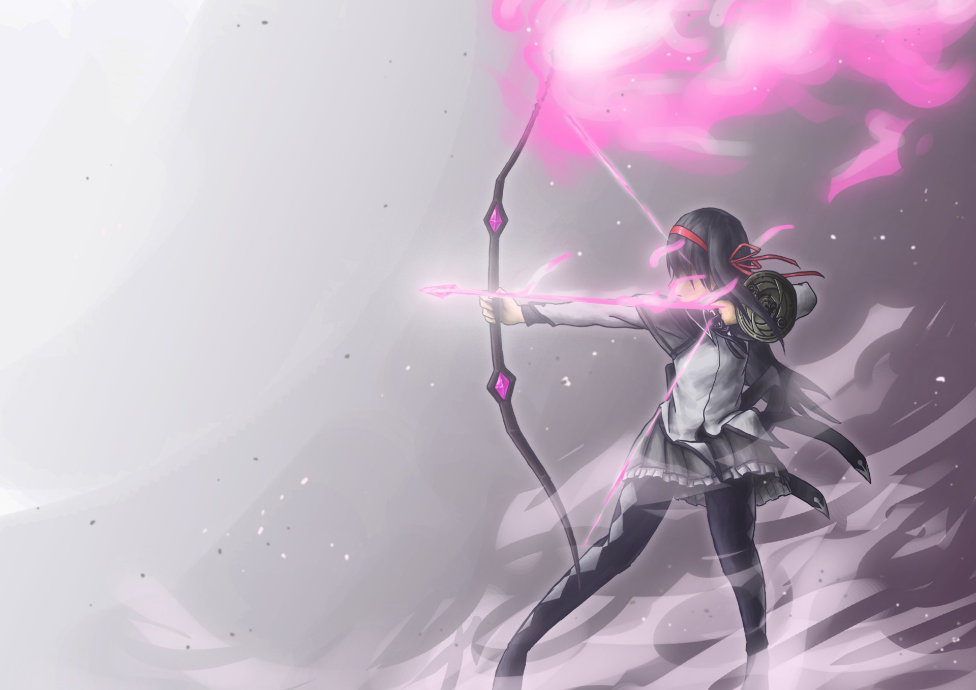Homura Akemi as an archer from Puella Magi Madoka Magica, drawing a glowing pink bow through mist — 2K Quad HD PC desktop wallpaper/background.