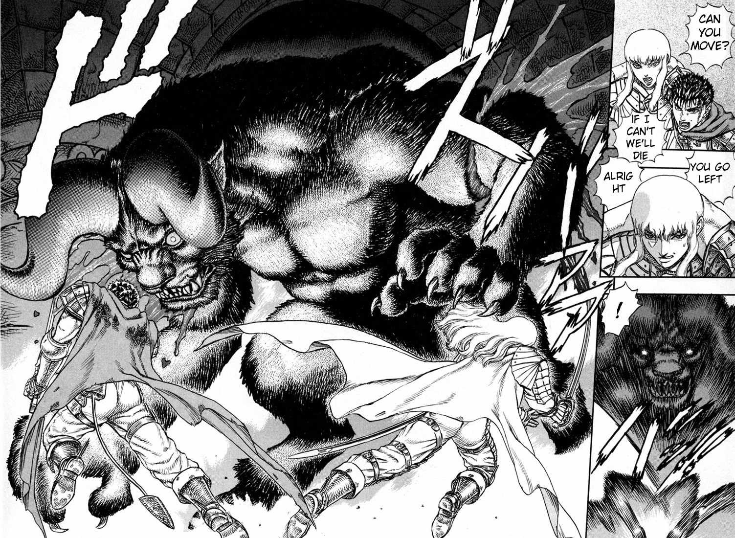 HD PC desktop wallpaper featuring Griffith and Guts from the anime Berserk in a dramatic black-and-white manga scene with a monstrous figure.