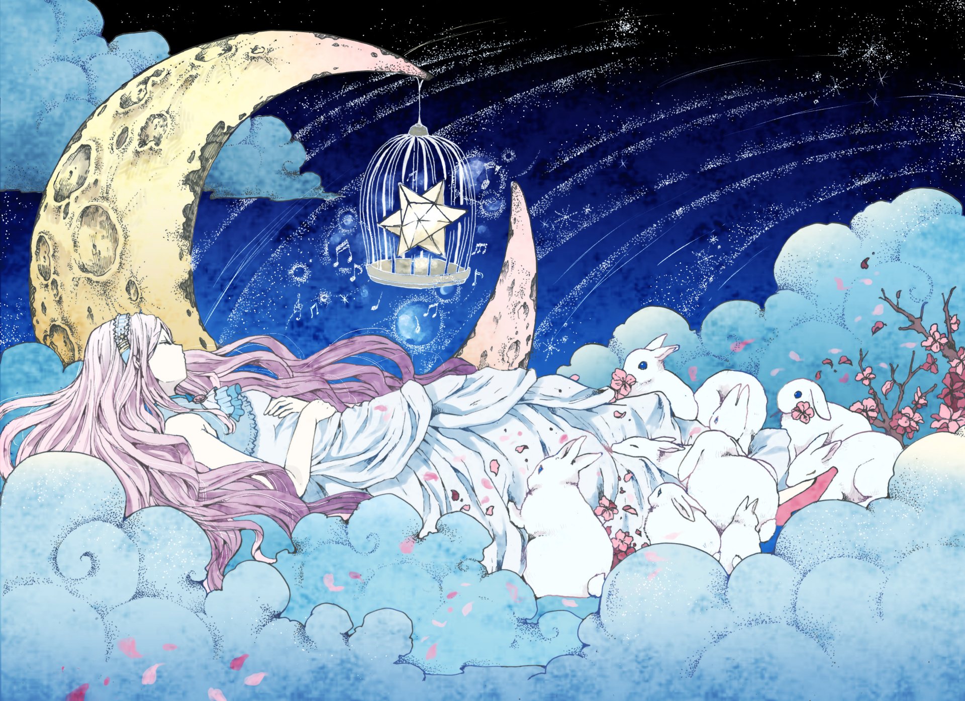 Crescent Dreams: Lying Anime Girl & Rabbits — 2K Quad HD Wallpaper