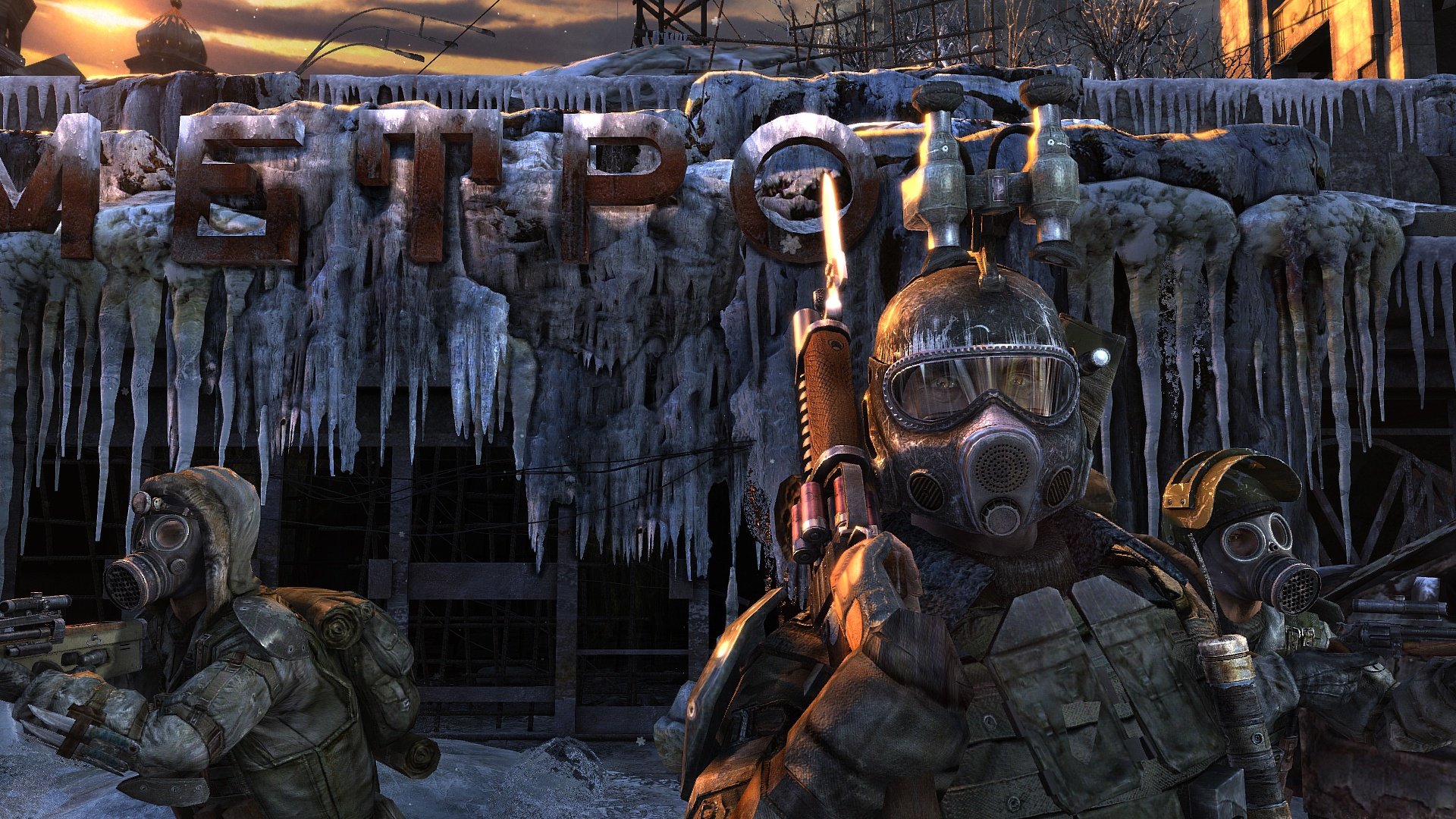 HD PC desktop wallpaper featuring characters in gas masks and tactical gear under an icy, decayed Metro 2033 sign from the video game Metro 2033.