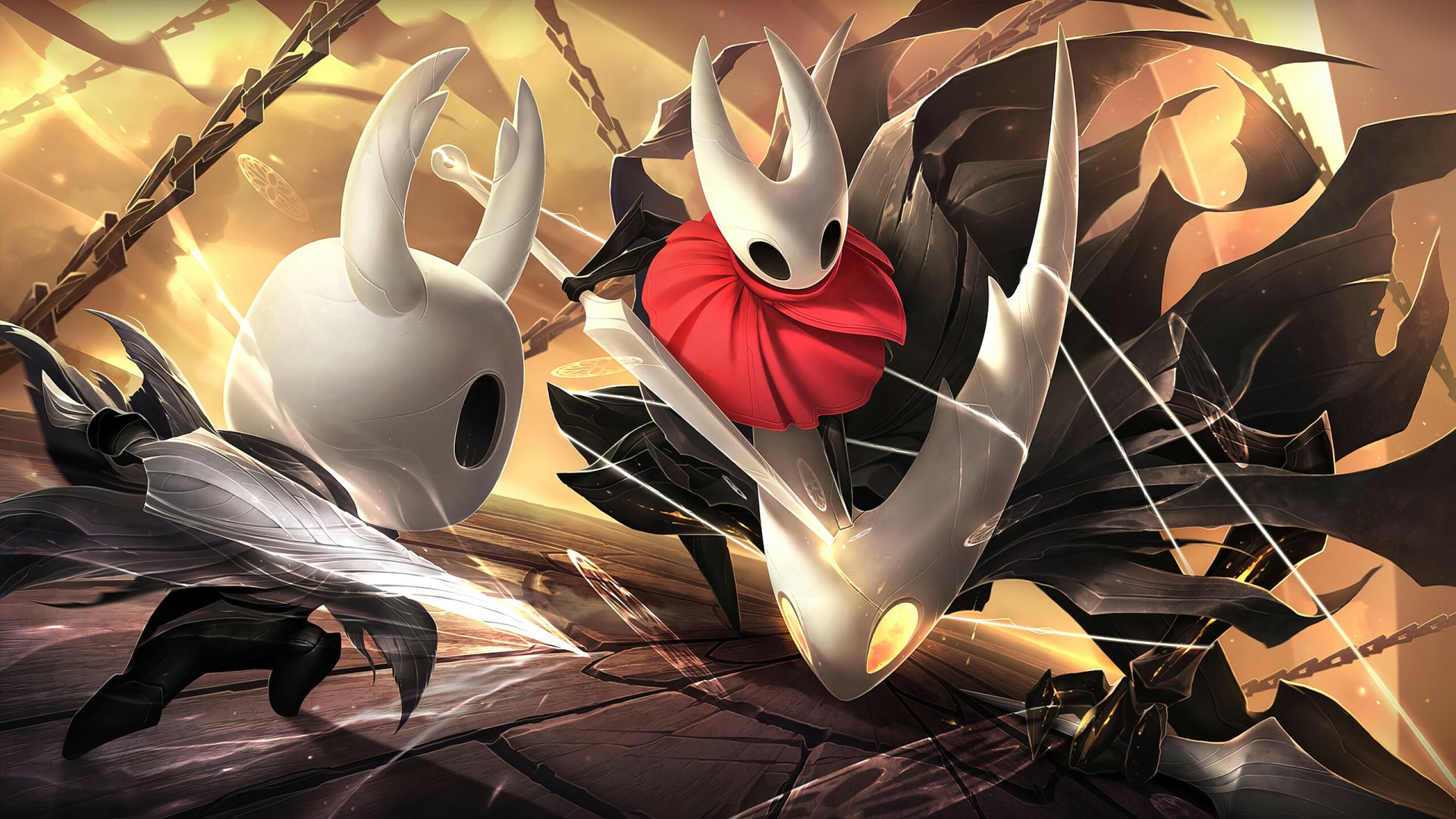 HD wallpaper featuring characters from the video game Hollow Knight, showcasing a dynamic battle scene with striking visuals and a dramatic background.