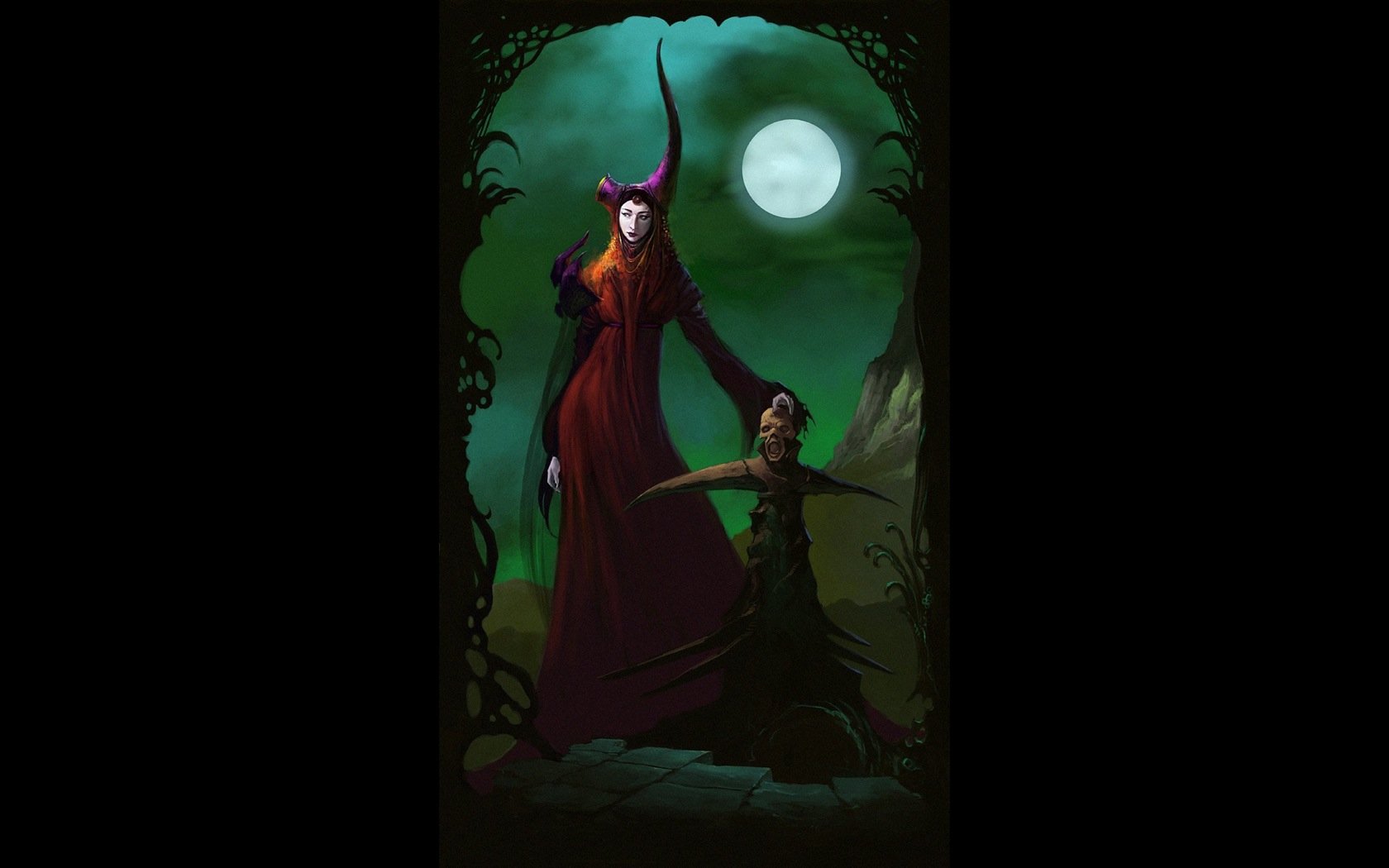 A dark fantasy scene featuring a woman in a striking red gown with horns, set against a moonlit background. This HD image serves as a captivating desktop wallpaper.