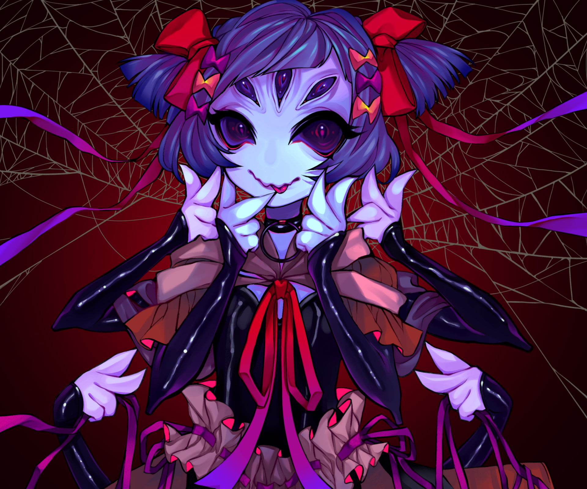 HD PC desktop wallpaper featuring Muffet from the video game Undertale, showcasing her with multiple arms and a dark, web-filled background.
