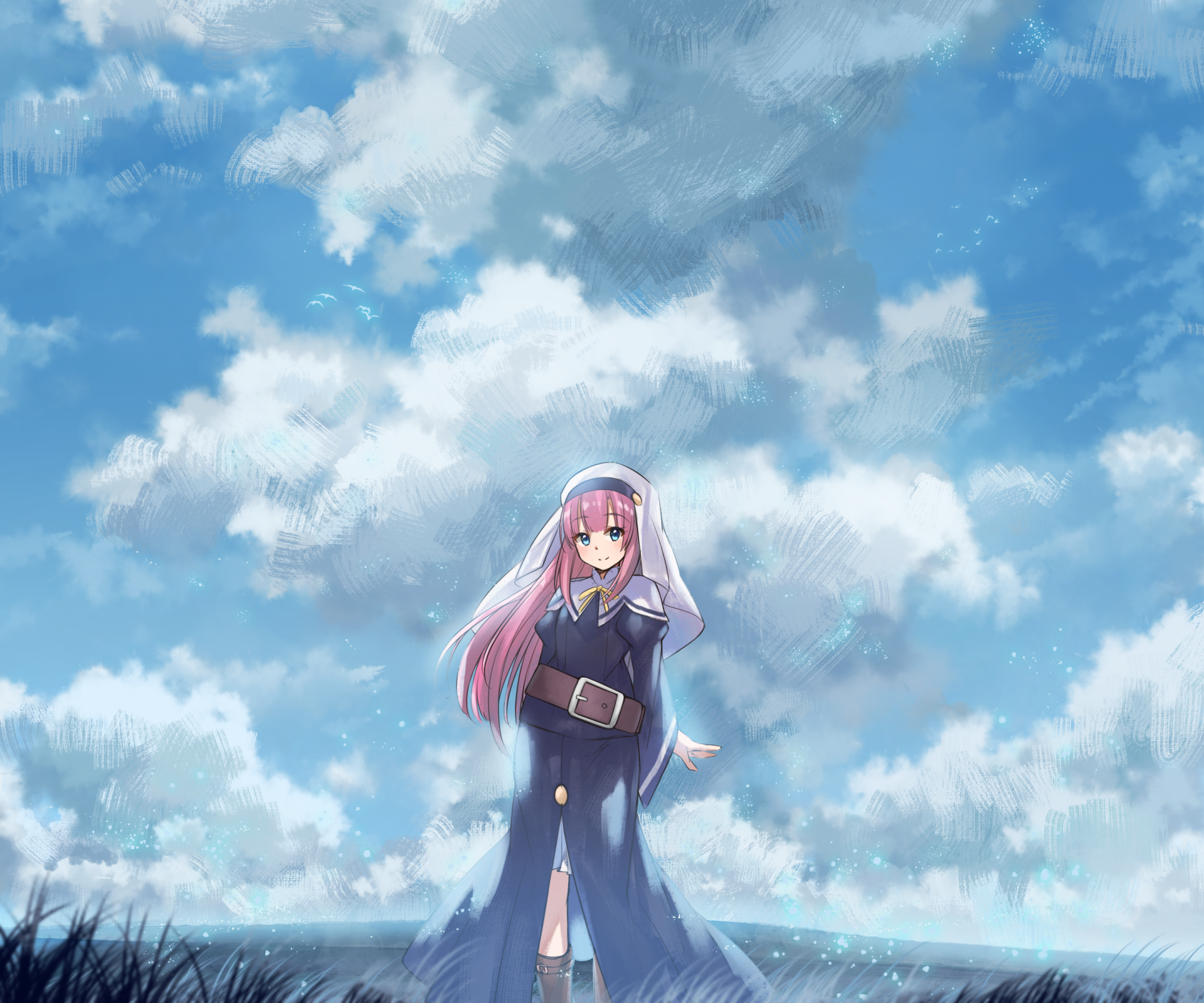 Hina Satō from The Day I Became a God — anime 2K Quad HD PC desktop wallpaper: Hina in a navy cloak and veil standing before a bright cloudy sky.