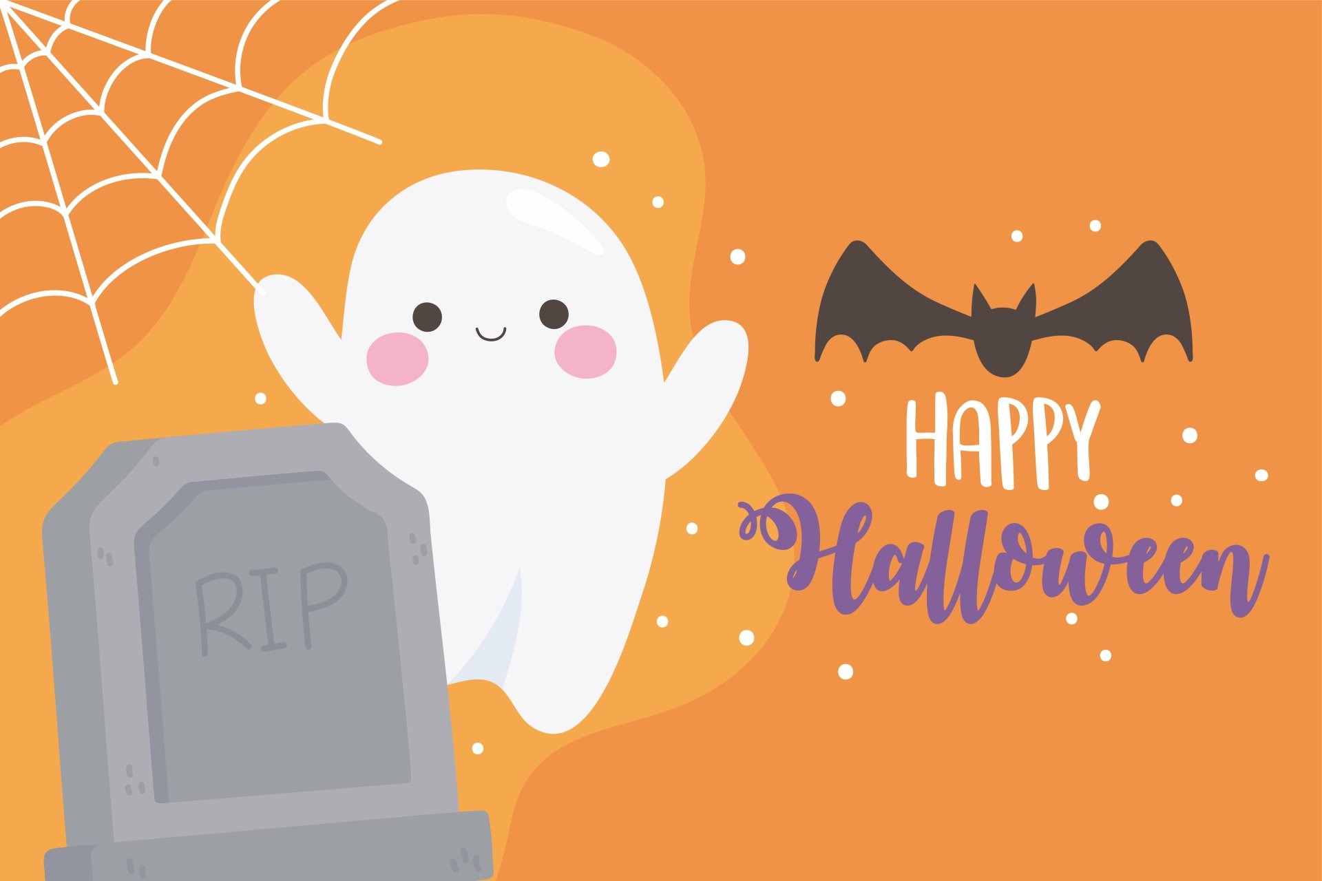 Smiling ghost waving beside RIP tombstone and bat with Happy Halloween script on orange background - holiday halloween 8K Ultra HD PC desktop wallpaper/background.