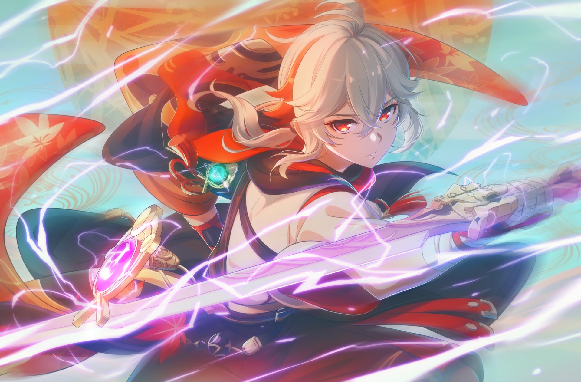 HD PC desktop wallpaper featuring Kaedehara Kazuha from the video game Genshin Impact, showcasing dynamic action and vibrant, colorful effects.