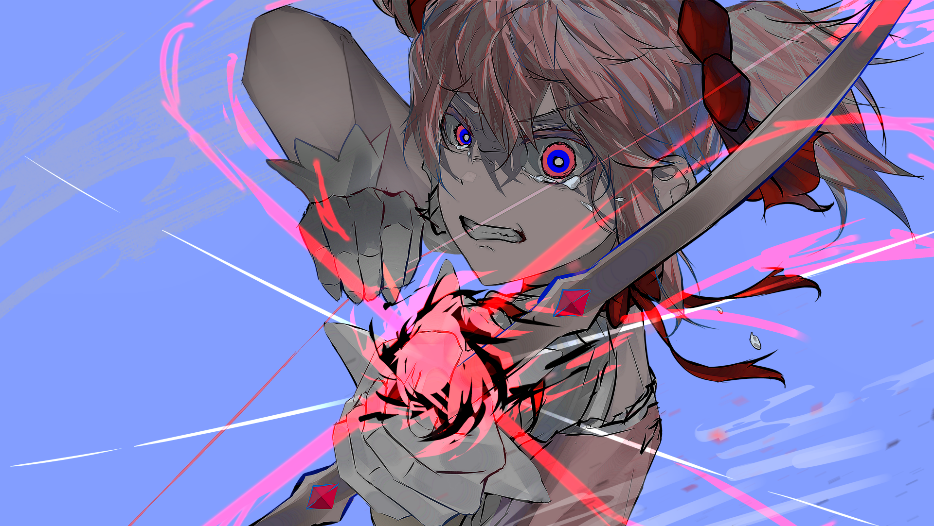 4K Ultra HD anime wallpaper featuring Madoka Kaname as an archer from Puella Magi Madoka Magica, drawing a glowing bow against a blue background.