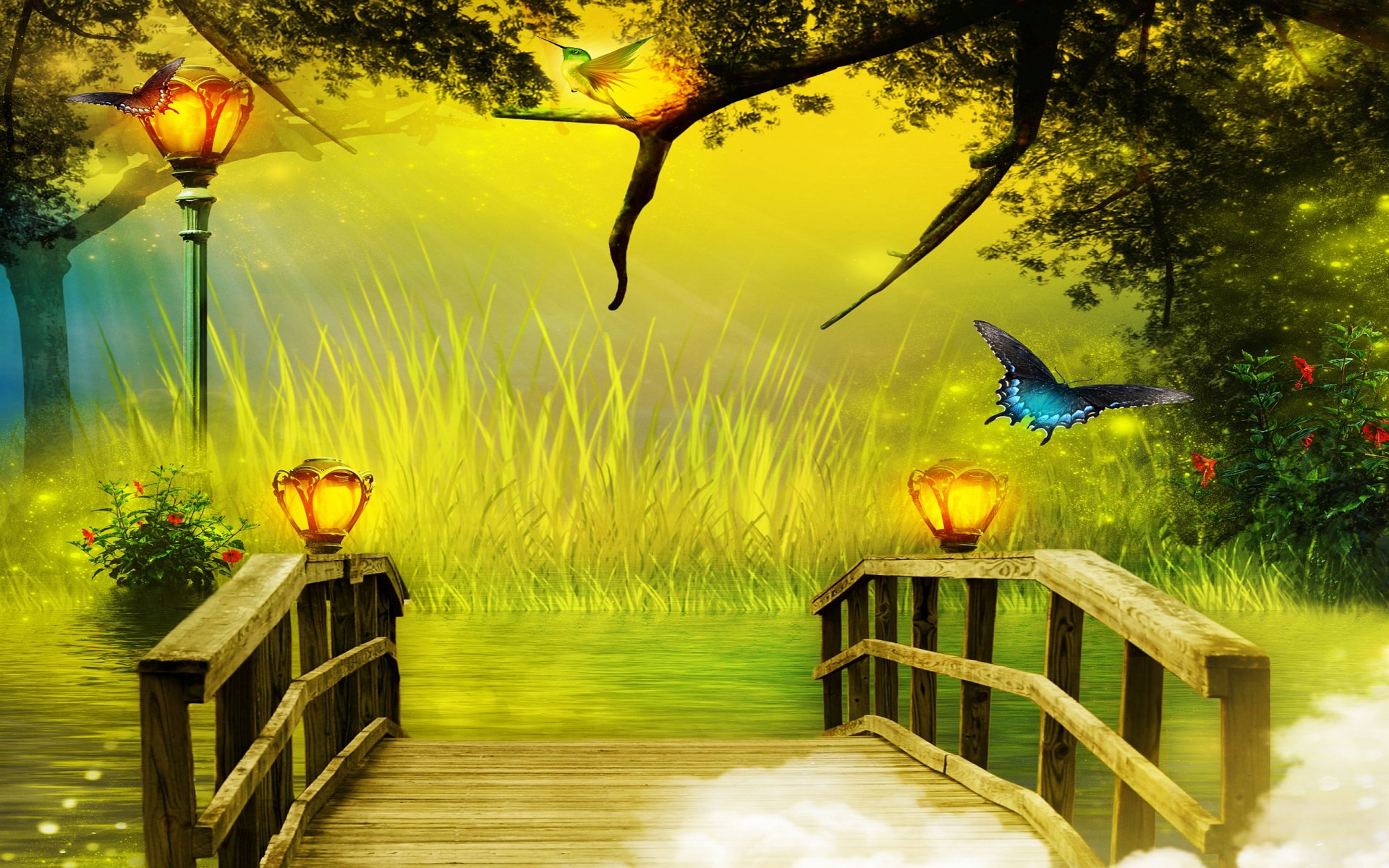 A vibrant fantasy HD desktop wallpaper depicting a wooden bridge over misty water, glowing lamps, lush greenery, and a blue butterfly in an artistic, magical forest setting.