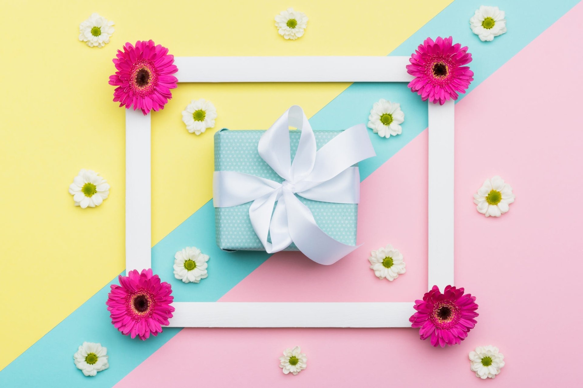 HD PC desktop wallpaper and background: pastel yellow, blue, and pink diagonal fields with a framed teal gift box tied with a white bow, surrounded by pink and white daisies.