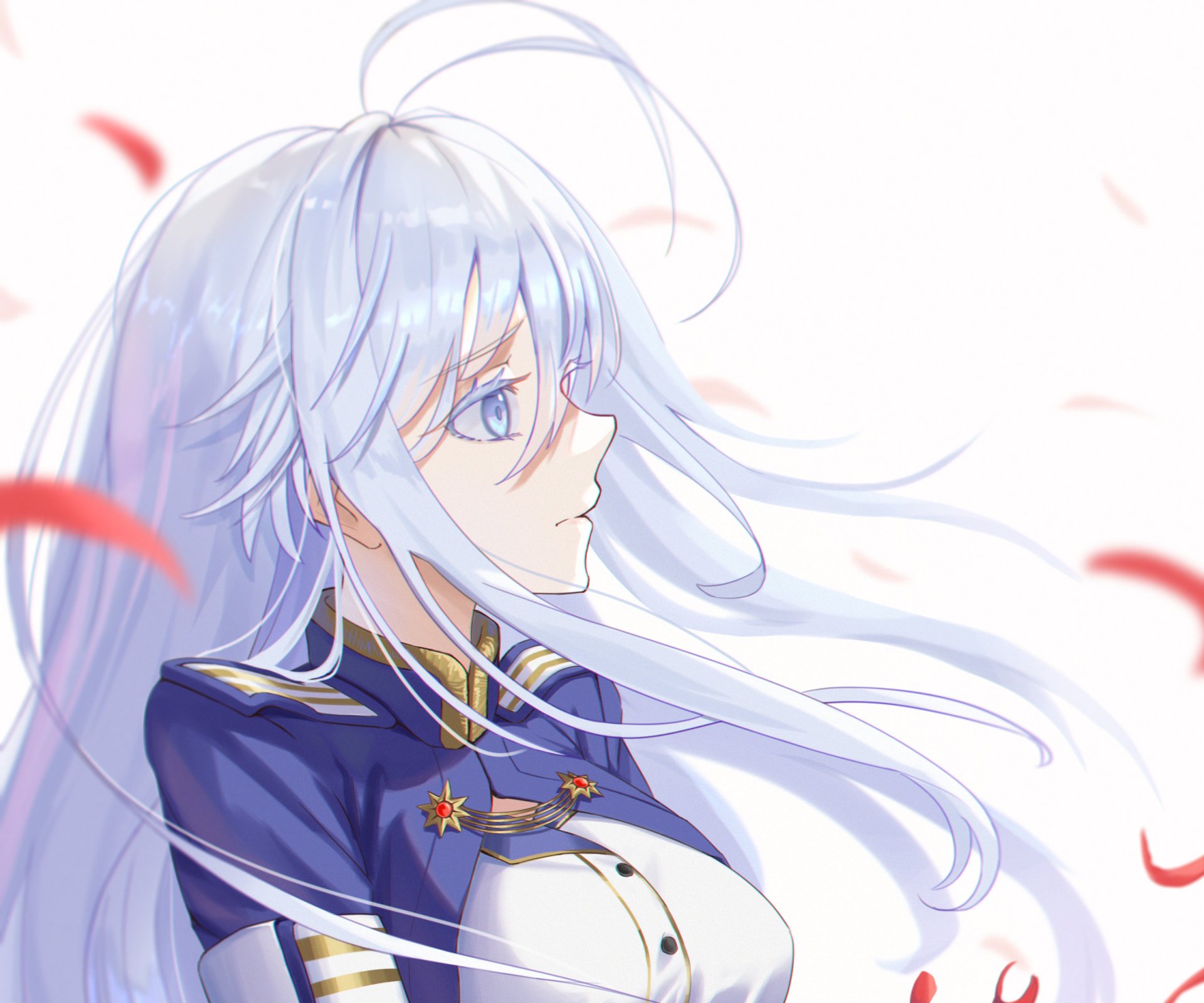 Vladilena Milizé (Eighty Six) anime HD desktop wallpaper: profile portrait, flowing silver hair, blue uniform with gold trim, serene gaze and drifting red petals.
