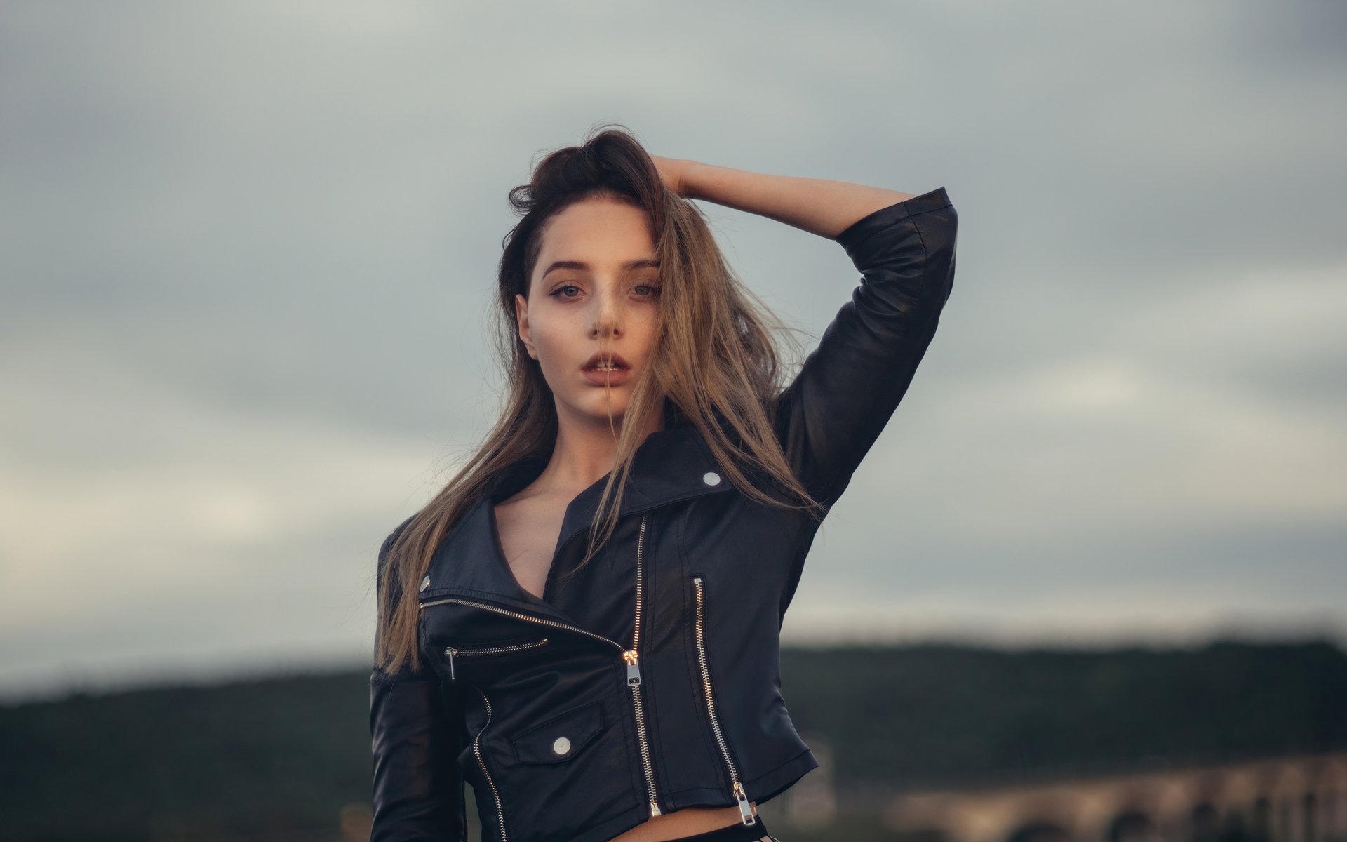 Download Depth Of Field Leather Jacket Woman Model HD Wallpaper