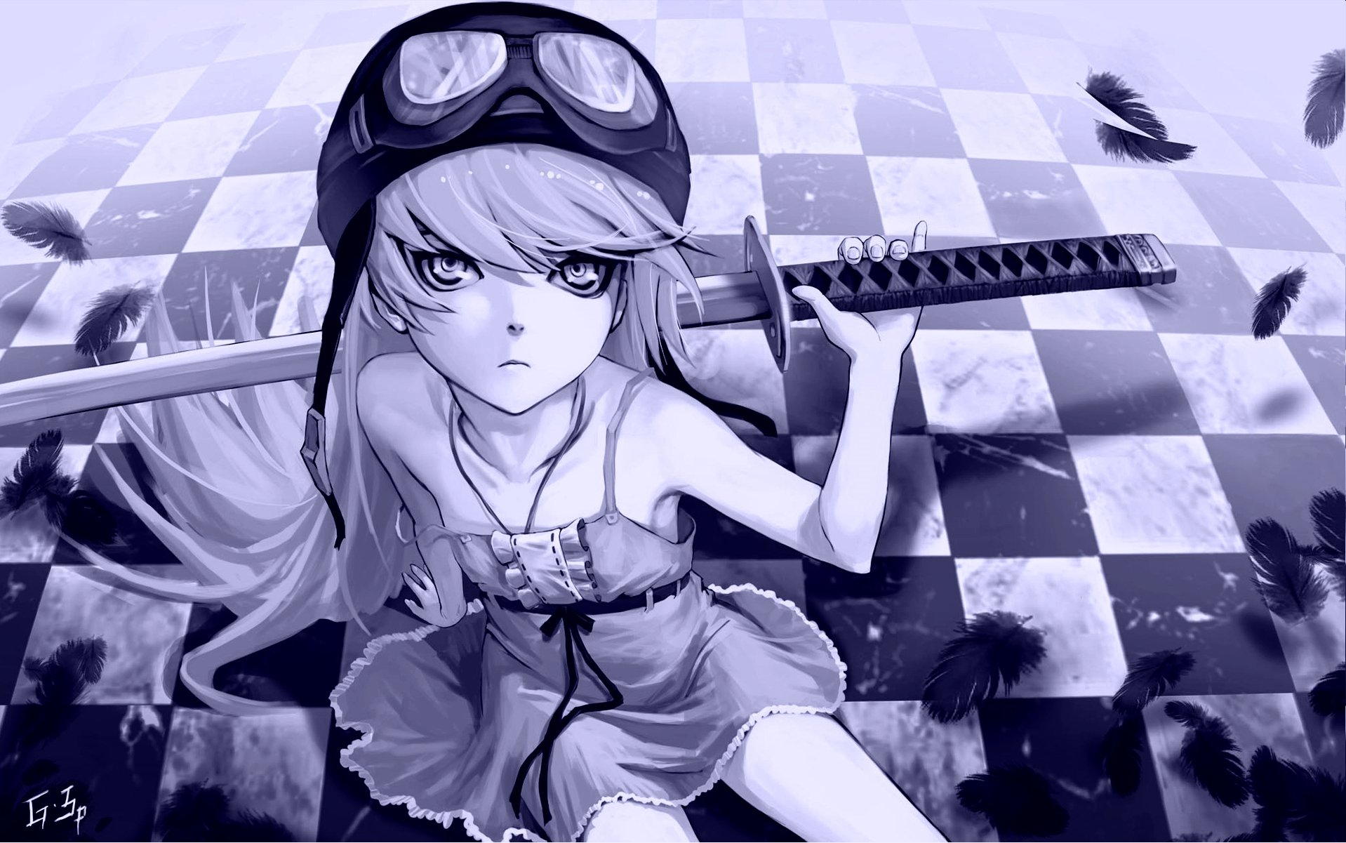 A striking HD wallpaper featuring Shinobu Oshino from the Monogatari series, wielding a katana, against a checkered background adorned with feathers.