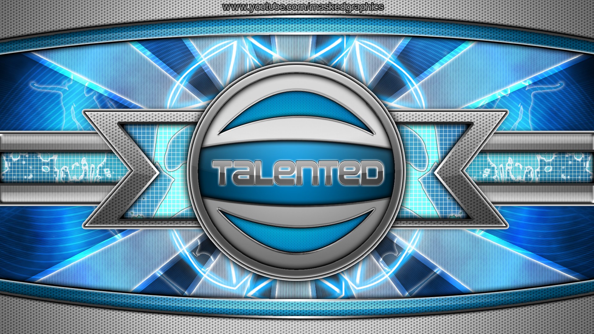 Artistic HD PC desktop wallpaper and background showing a metallic blue emblem labeled Talented, neon lightning bolts and geometric futuristic accents on textured metal.