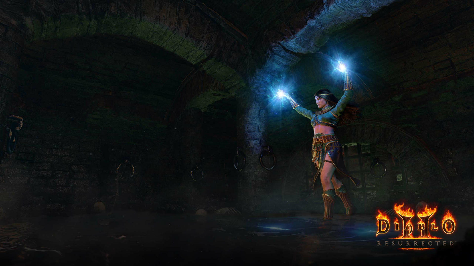 HD Diablo II: Resurrected wallpaper featuring a sorceress casting spells in a dungeon for desktop background.