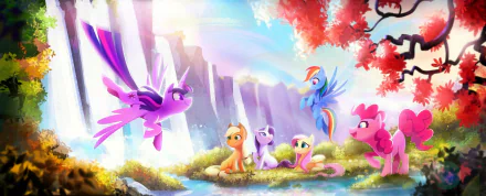 HD PC desktop wallpaper featuring Fluttershy, Pinkie Pie, Rainbow Dash, Rarity, Applejack, and Twilight Sparkle from the movie My Little Pony: A New Generation in a vibrant outdoor scene.