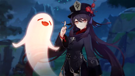 HD desktop wallpaper featuring Hu Tao from the video game Genshin Impact, with a spectral entity beside her in a mystical nighttime setting.