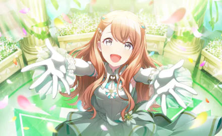 HD PC desktop wallpaper of Hanasato Minori from the video game Project Sekai: Colorful Stage! feat. Hatsune Miku — she reaches out smiling amid glowing petals and a floral, light-filled stage.