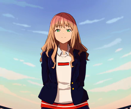 HD PC desktop wallpaper of Yume Minami (anime, SSSS.Gridman) — she stands in her school uniform, smiling against a clear blue sky background.