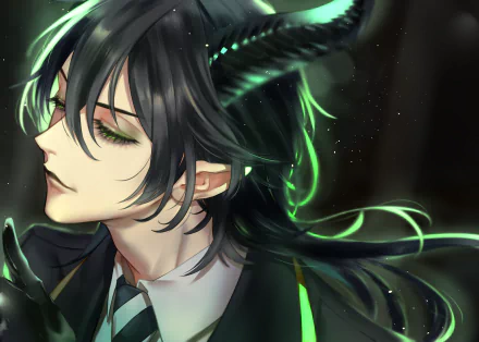 Malleus Draconia, Twisted Wonderland video game character: close-up portrait with dark hair, glowing green horns and eyes — 2K Quad HD PC desktop wallpaper background.