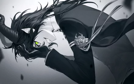 Malleus Draconia (Twisted Wonderland video game) — horned figure with glowing green eye, flowing hair and cloak in a monochrome HD PC desktop wallpaper, shown in a dynamic diagonal pose.