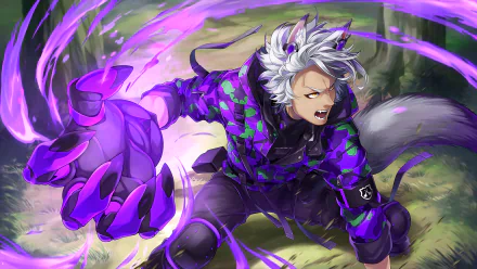 HD PC desktop wallpaper of Jack Howl from the video game Twisted Wonderland, leaping forward with silver hair and glowing purple clawed energy against a blurred forest background.